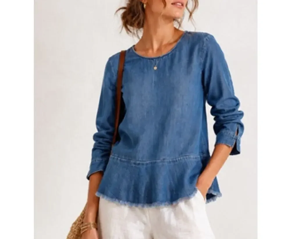 Cloth & Stone Chambray Lyocell Peplum Top Frayed Hem Button Back Long Sleeve S - Picture 1 of 10